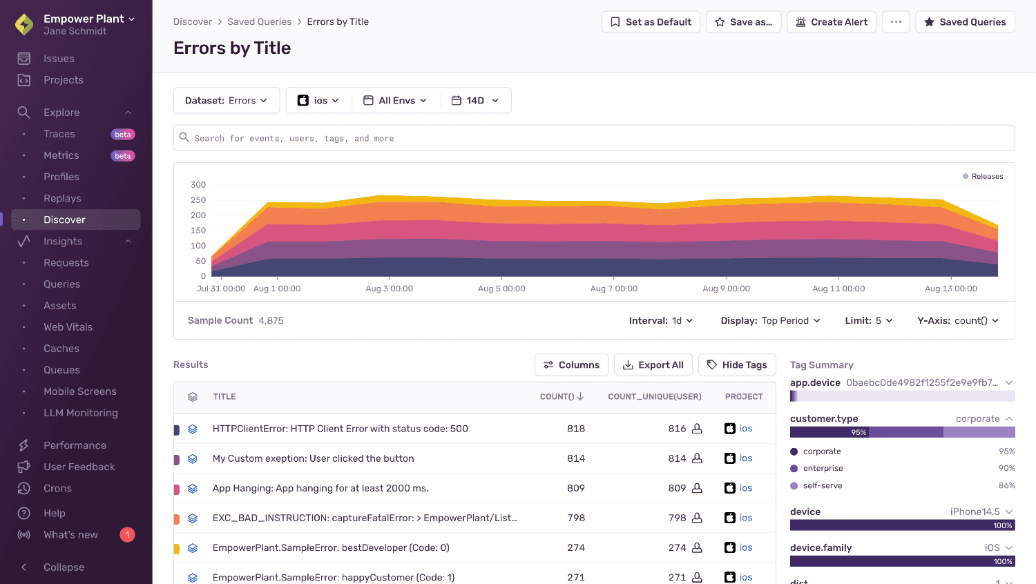 Page displaying a graph of error spikes by URL, the event tag summary, and results of the query.